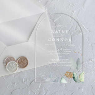 Invitaciones Acrílicas Airy Greenery Gold Leaf White Elegant Wedding