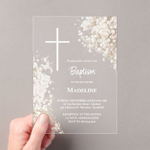 Invitaciones Acrílicas Aliento de bebé flores blancas Bautizo
