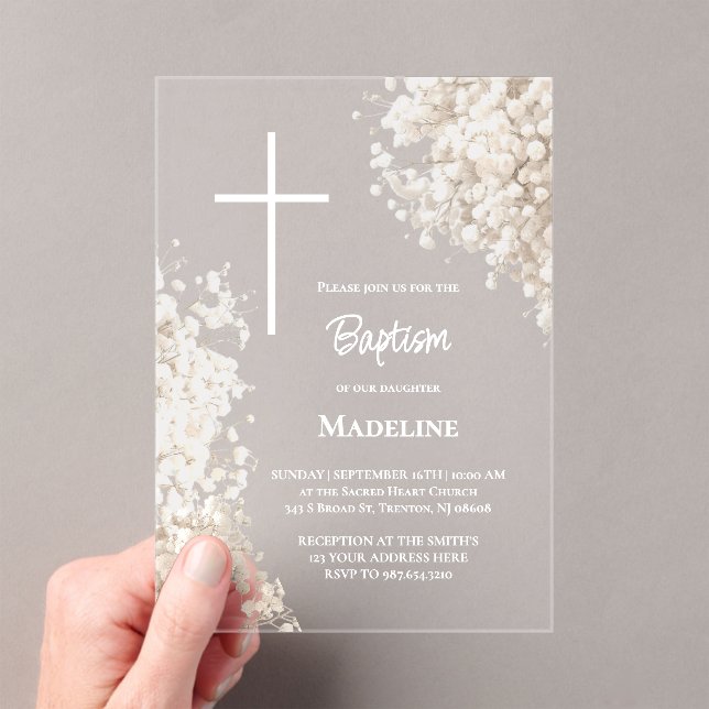 Invitaciones Acrílicas Aliento de bebé flores blancas Bautizo (Insitu (portátil))