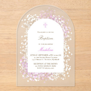Invitaciones Acrílicas Aliento de bebé lirio blanco bautizo de niña
