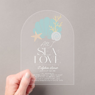 Invitaciones Acrílicas All I Sea is Love Blue Seashells Bridal Shower