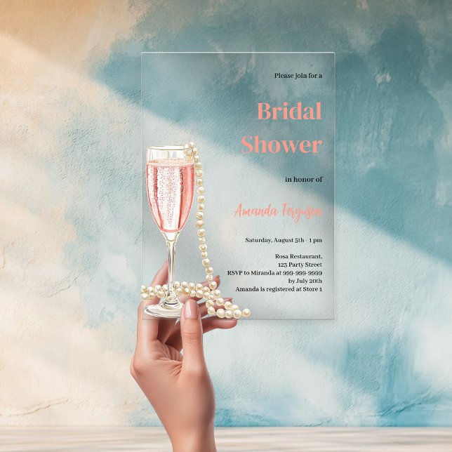 Invitaciones Acrílicas Almuerzo de burbujas prosecco perlas rosa Bridal S (Subido por el creador)