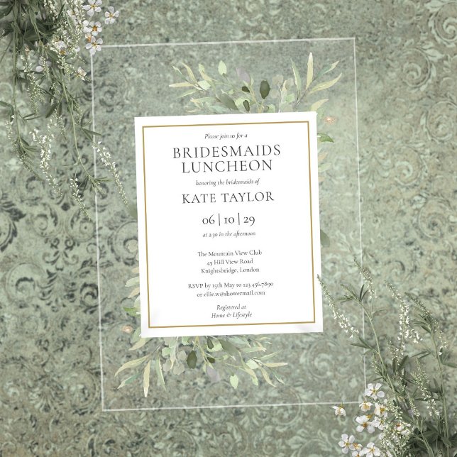 Invitaciones Acrílicas Almuerzo de Damas de Honor con Elegante Acuarela d (Elegant Watercolor Greenery Bridesmaids Luncheon Acrylic Invitations)