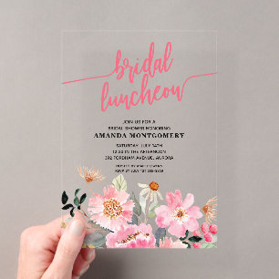 Invitaciones Acrílicas Almuerzo de Despedida de Soltera con Flores Rosada