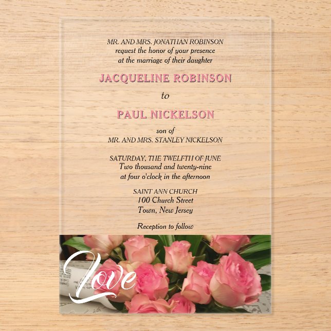 Invitaciones Acrílicas Amar a las rosas rosas rosadas Novia y Groom Clear (Anverso)