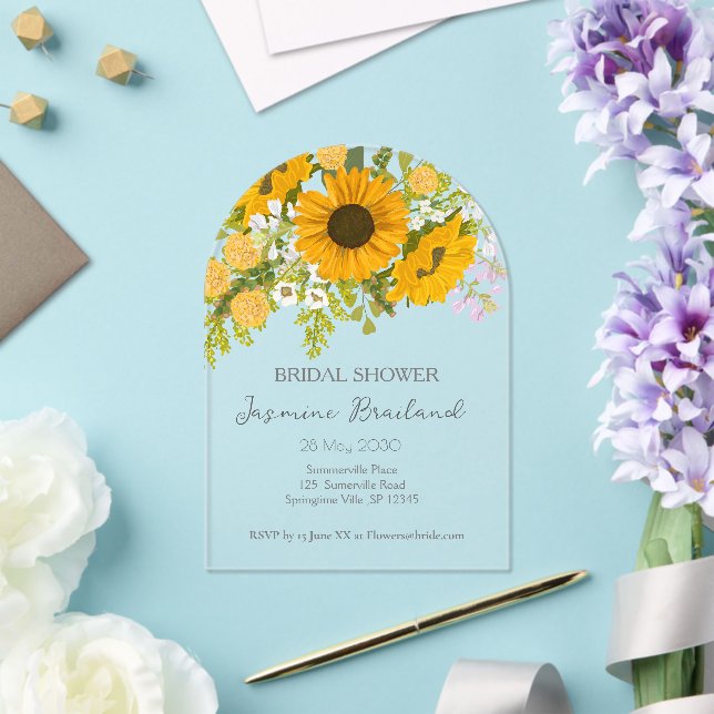 Invitaciones Acrílicas Amarillo de los girasoles modernos Bouquet Bridal  (Insitu (Boda))