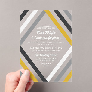 Invitaciones Acrílicas Amarillo Gris Gris Diamante Tiras Boda moderno