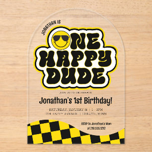 Invitaciones Acrílicas Amarillo Negro Retro Un Tipo Feliz Cumpleaños Núme