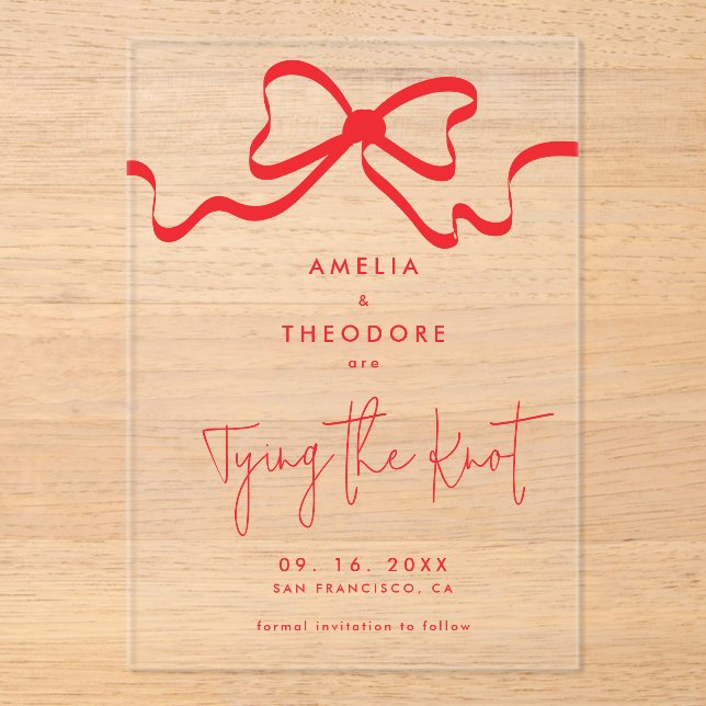 Invitaciones Acrílicas Amarramiento del oso rojo del nudo Salve al Boda d (Anverso)