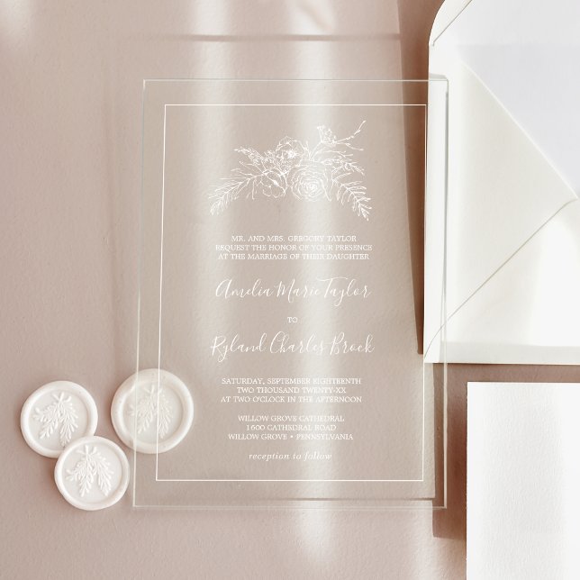 Invitaciones Acrílicas AMELIA Boda blanca formal floral moderna de cosech (AMELIA White Formal Floral Modern Vintage Wedding Acrylic Invitations)