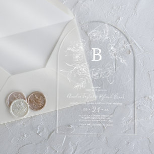 Invitaciones Acrílicas AMELIA Boho Arch Monograma Blanco Boda Floral