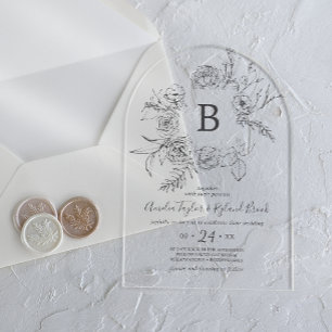 Invitaciones Acrílicas AMELIA Boho Arch Monograma Botánico Boda Floral