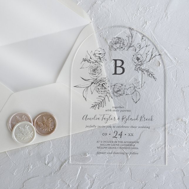 Invitaciones Acrílicas AMELIA Boho Arch Monograma Botánico Boda Floral (AMELIA Boho Arch Botanical Monogram Floral Wedding Acrylic Invitations)