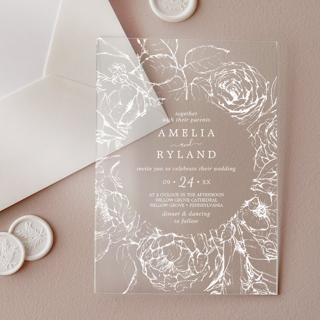 Invitaciones Acrílicas AMELIA White Elegant Boda Botánico Floral (AMELIA White Elegant Botanical Floral Wedding Acrylic Invitations)