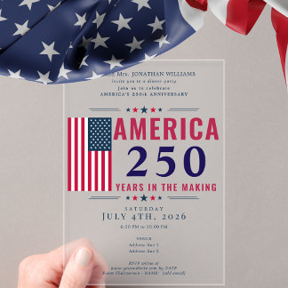 Invitaciones Acrílicas America 250 USA Flag Patriotic 4th of July Formal