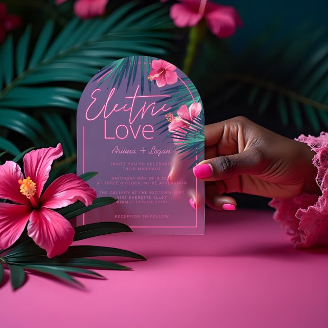 Invitaciones Acrílicas Amor eléctrico Neón Boda Retro Tropical Rosa (Electric Love Neon Pink Tropical Retro Wedding Acrylic Invitations)