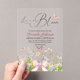 Invitaciones Acrílicas Amor en Boom Wildflower ducha de novias rosadas