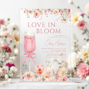 Invitaciones Acrílicas Amor en Flor Champán Lazo Rosa Despedida de Solter