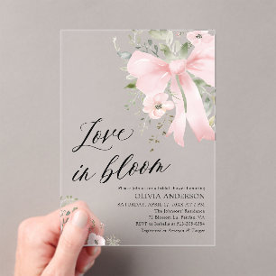 Invitaciones Acrílicas Amor floral rosado en ducha de novia en flor