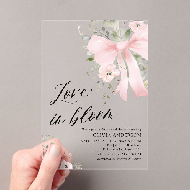 Invitaciones Acrílicas Amor floral rosado en ducha de novia en flor (Insitu (portátil))