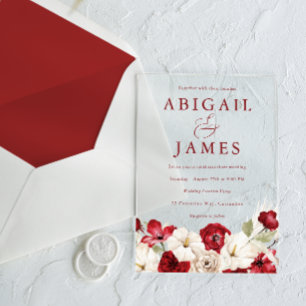 Invitaciones Acrílicas Amor Romántico: Boda Floral Rojo Rubí y Blanco