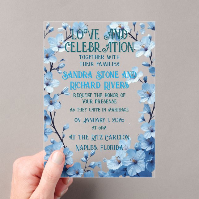 Invitaciones Acrílicas amor y celebración en flor azul (Insitu (portátil))
