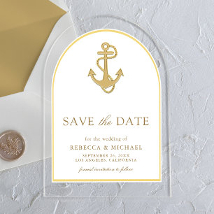 Invitaciones Acrílicas Ancla dorada náutica de arco Boda Save the Date