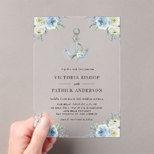 Invitaciones Acrílicas Ancla Floral Acuarela Azul Boda Costera