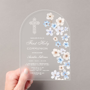 Invitaciones Acrílicas Anémonas azules y blancas Arco Primera Comunión
