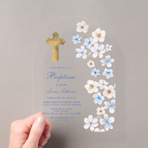 Invitaciones Acrílicas Anémonas blancas azules Arco Bautizo