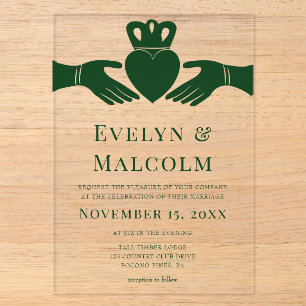 Invitaciones Acrílicas Anillo Claddagh Irlandés Simple Gráfico Verde Boda