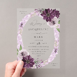Invitaciones Acrílicas Anillo Floral Morado y Lavanda Boda V2