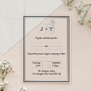 Invitaciones Acrílicas Anillos de boda con monograma de lámina de plata C
