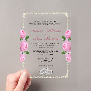 Invitaciones Acrílicas Anillos de diamantes con marco y rosas rosadas bod
