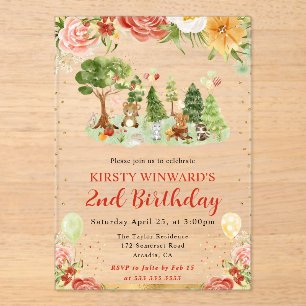 Invitaciones Acrílicas Animales de Bosque Acuarela Cumpleaños Niños