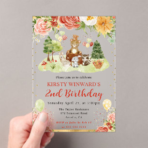 Invitaciones Acrílicas Animales de Bosque al Aguarela Cumpleaños Infantil