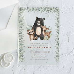 Invitaciones Acrílicas Animales de Bosque Género Neutral Fiesta de Bebé