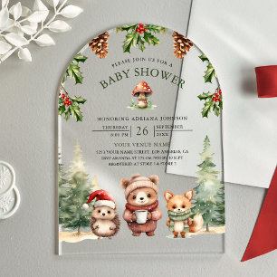 Invitaciones Acrílicas Animales de Bosque Invernal Arco de Navidad Baby S