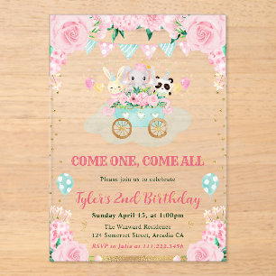 Invitaciones Acrílicas Animales de circo de cumpleaños en acuarela rosa