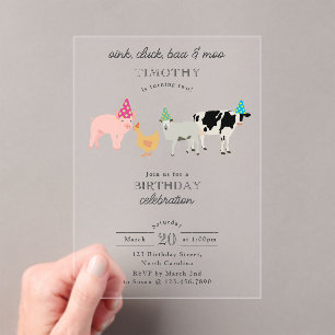 Invitaciones Acrílicas Animales de fiesta en la granja de mascotas Cumple