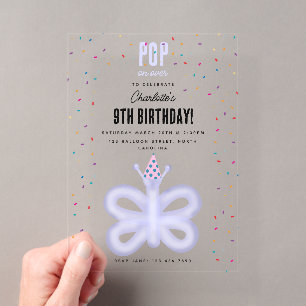 Invitaciones Acrílicas Animales de Globo Mariposa Cumpleaños Infantil