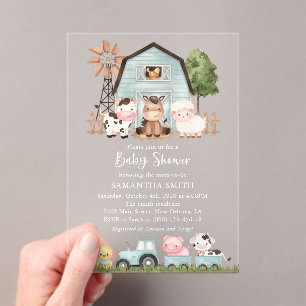 Invitaciones Acrílicas Animales de granja, Animales lindos, Granero azul,