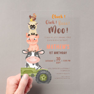 Invitaciones Acrílicas Animales de granja Baa Moo Santa Vaca Cumpleaños 1
