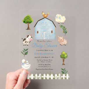 Invitaciones Acrílicas Animales de granja en acuarela Baby Shower