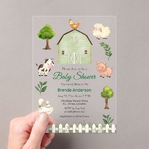 Invitaciones Acrílicas Animales de granja en acuarela para baby shower