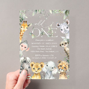 Invitaciones Acrílicas Animales de la Jungla, Safari, Salvaje, Primer Cum