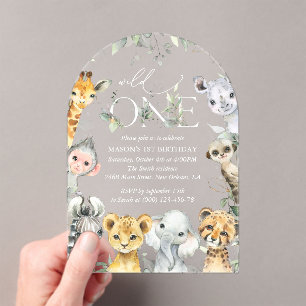 Invitaciones Acrílicas Animales de la Jungla, Safari, Salvaje, Primer Cum