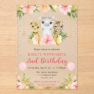 Invitaciones Acrílicas Animales de la selva floral acuarela Cumpleaños de