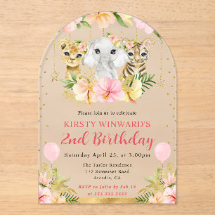 Invitaciones Acrílicas Animales de la selva floral en acuarela Cumpleaños