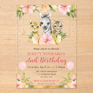 Invitaciones Acrílicas Animales de la selva floral en acuarela Cumpleaños